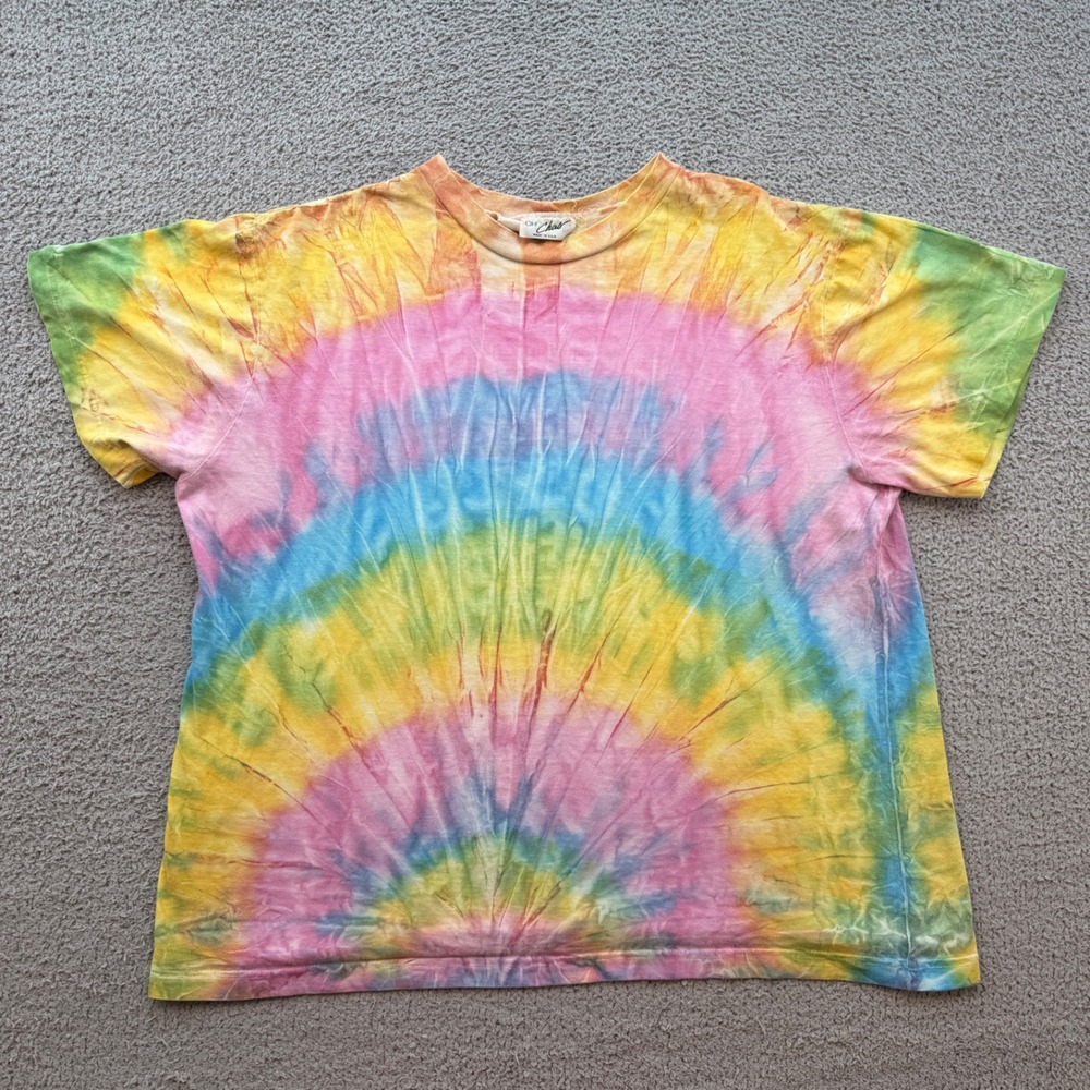 Vintage Oh Chas Rainbow Tie Dye T-Shirt 1X Made in USA Single Stitch 90s Boho